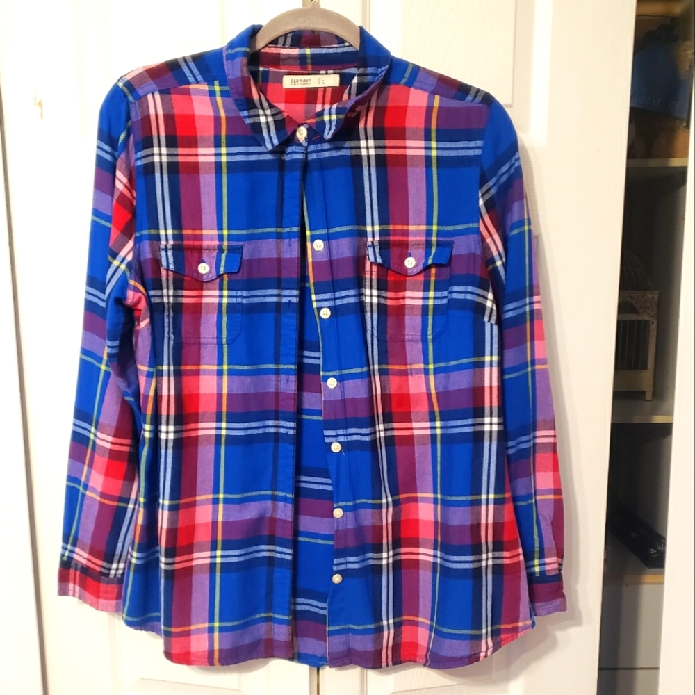 Old Navy Button Up Shirt  Large Long Sleeve Pocket Plaid Blue Red